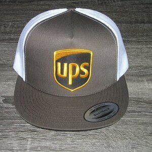 UPS Shipping Patch on Trucker Hat Yupoong Classic 6006 Snapback Brown/White